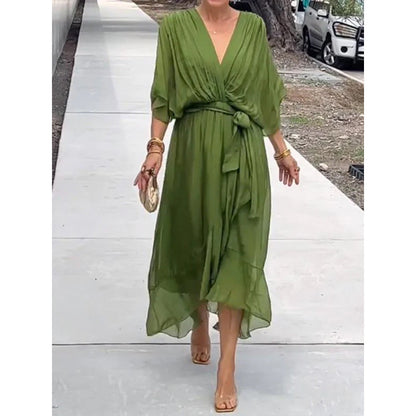 Women Clothing Solid Color Tied Maxi Dress Batwing Sleeve Irregular Asymmetric Dress by Ragazza