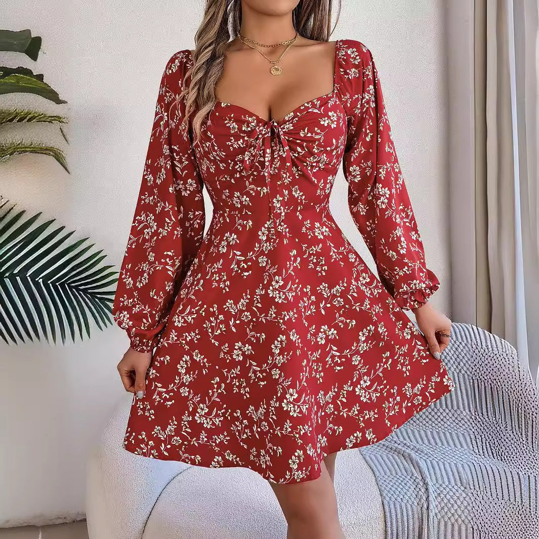 Autumn Winter Casual Sexy Lacing Square Collar Floral Long Sleeve A line Women Clothing by Ragazza