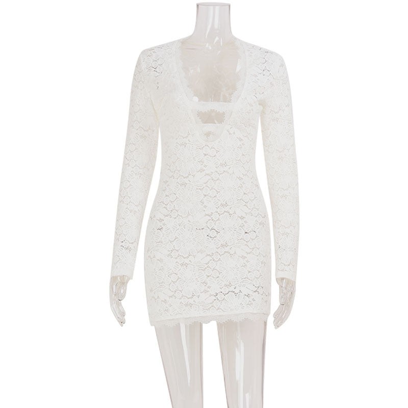 Sexy Women Clothing Night Club Lace Slightly Transparent Hollow Out Cutout out Low Cut Tight Fitting Hip Bag Dress Short Figure by Ragazza