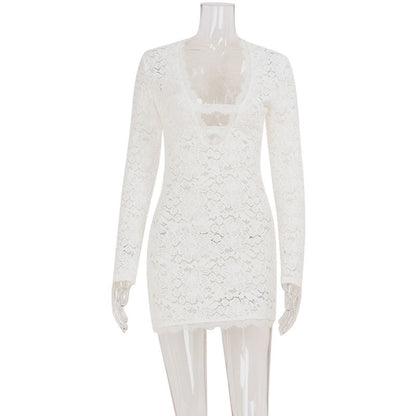 Sexy Women Clothing Night Club Lace Slightly Transparent Hollow Out Cutout out Low Cut Tight Fitting Hip Bag Dress Short Figure by Ragazza