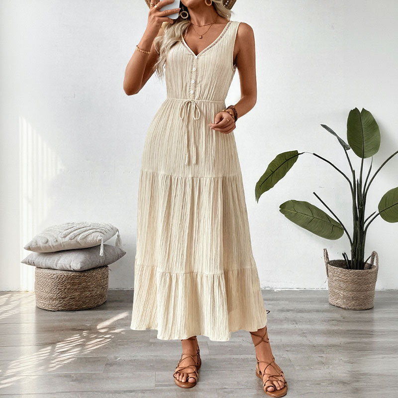Simple All Matching Strap Sleeveless V neck Solid Color Women Clothing Summer Dress  DestGlow