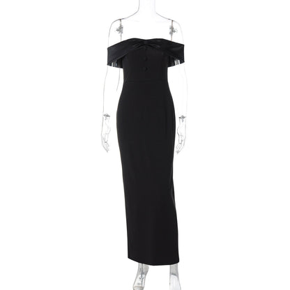 Women Clothing Summer off the Shoulder Gown Back Slit Slim Fit Maxi Dress by Ragazza