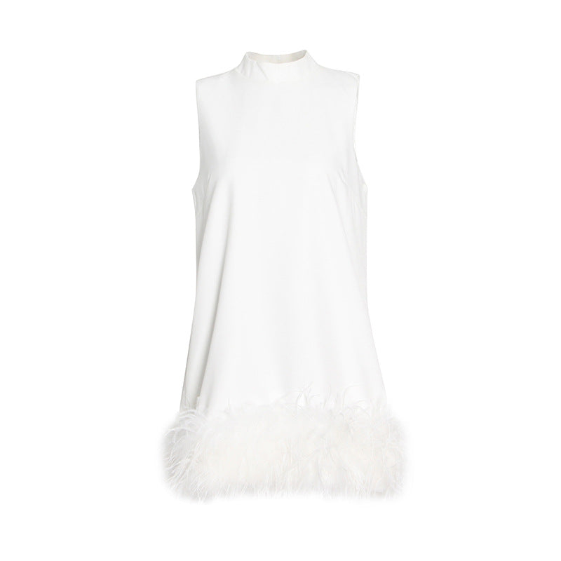 Australian Brand Design Short Autumn Stand Collar Sleeveless Solid Color Stitching Hem Feather Dress by Ragazza