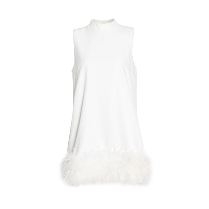 Australian Brand Design Short Autumn Stand Collar Sleeveless Solid Color Stitching Hem Feather Dress by Ragazza