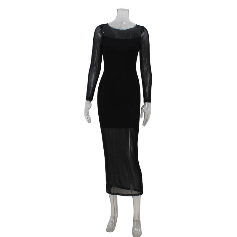 Women round Neck Long Sleeve Slim Fit Figure Flattering Dress Sexy Mesh Stitching Red Carpet Dress by Ragazza