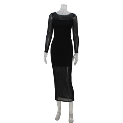 Women round Neck Long Sleeve Slim Fit Figure Flattering Dress Sexy Mesh Stitching Red Carpet Dress by Ragazza