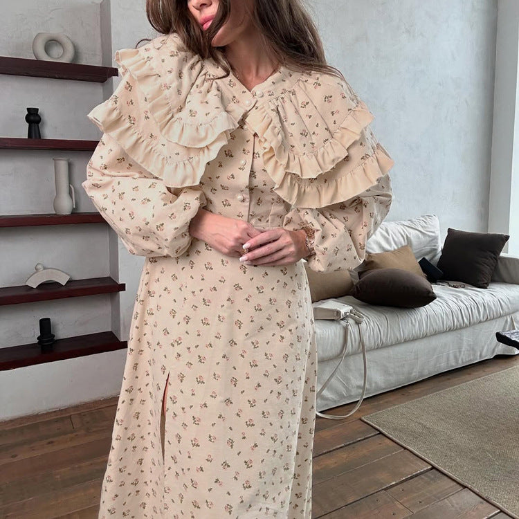 French Design Ruffled Waist Seal Printed V neck Puff Sleeve Elegant Split Dress Women Clothing by Ragazza