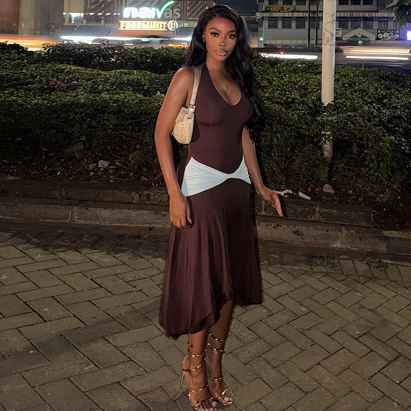 Color Matching Women Pleated Simple Design V neck Halter Waist Tight Maxi Dress  DestGlow
