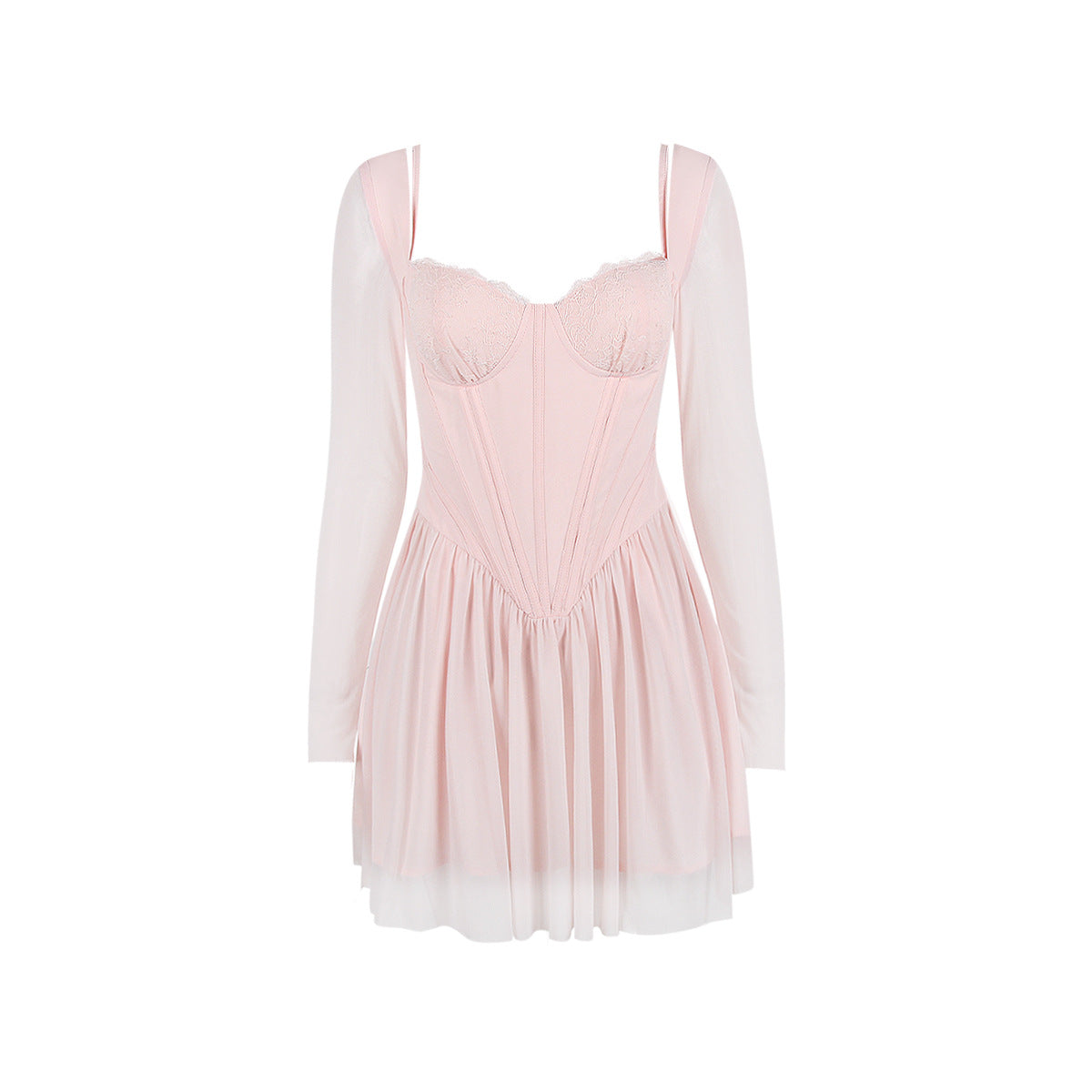 Women Clothing Mesh Long Sleeve Lace Stitching Boning Corset French Dress Barbie Cos Pink by Ragazza