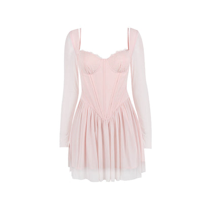 Women Clothing Mesh Long Sleeve Lace Stitching Boning Corset French Dress Barbie Cos Pink by Ragazza