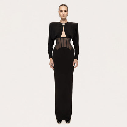 Women Clothing Black Shoulder Boning Corset Drill Buckle Dress round Neck Elegant Split Evening Sheath Dress by Ragazza