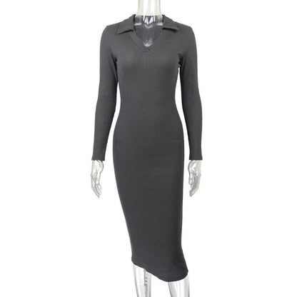 Autumn Winter Women Clothing Midi French Sexy Deep V Plunge Plunge Collared Slimming Dress by Ragazza