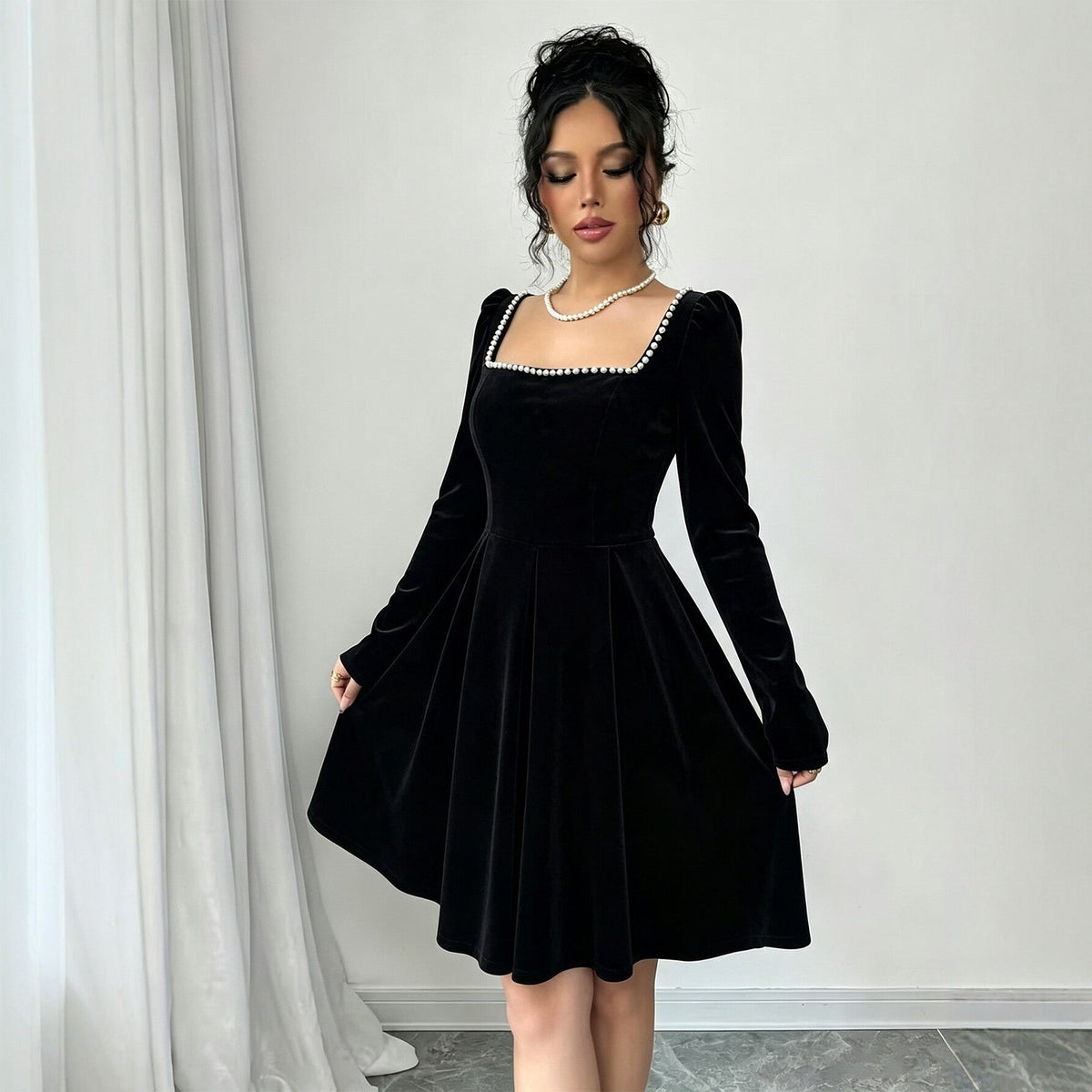 Women Clothing French Vintage Velvet Square Collar Dress Women Pearl Trim Waist Slimming A line Dress  DestGlow