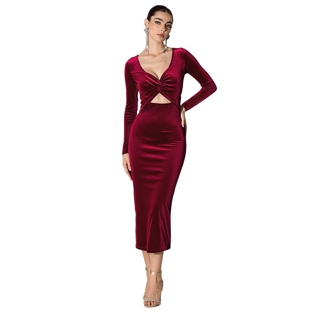 Elegant Sexy Deep V Plunge neck Top Hollow Out Cutout out Slim Fit Slimming Party Hip Dress by Ragazza