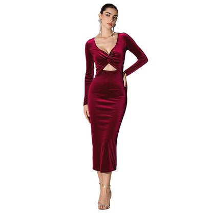 Elegant Sexy Deep V Plunge neck Top Hollow Out Cutout out Slim Fit Slimming Party Hip Dress by Ragazza