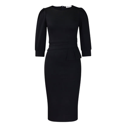 Solid Color round Neck Office Office Hip Dress by Ragazza
