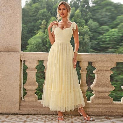 Fashionable Women Clothing Evening Dress Lace up Shoulder Pleated Hem Mesh Dress by Ragazza