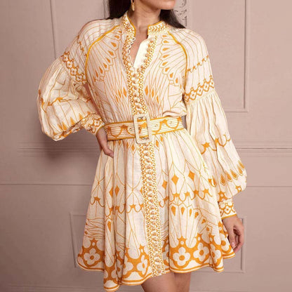 French Elegant Spring Stand Collar Lantern Sleeve Lace up Waist Slimming Stitching Floral Dress for Women by Ragazza