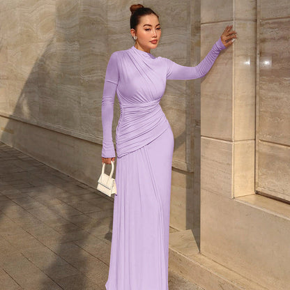 Women Clothing Summer Elegant Slim Pleated Zipper round Neck Long Sleeved Dress by Ragazza
