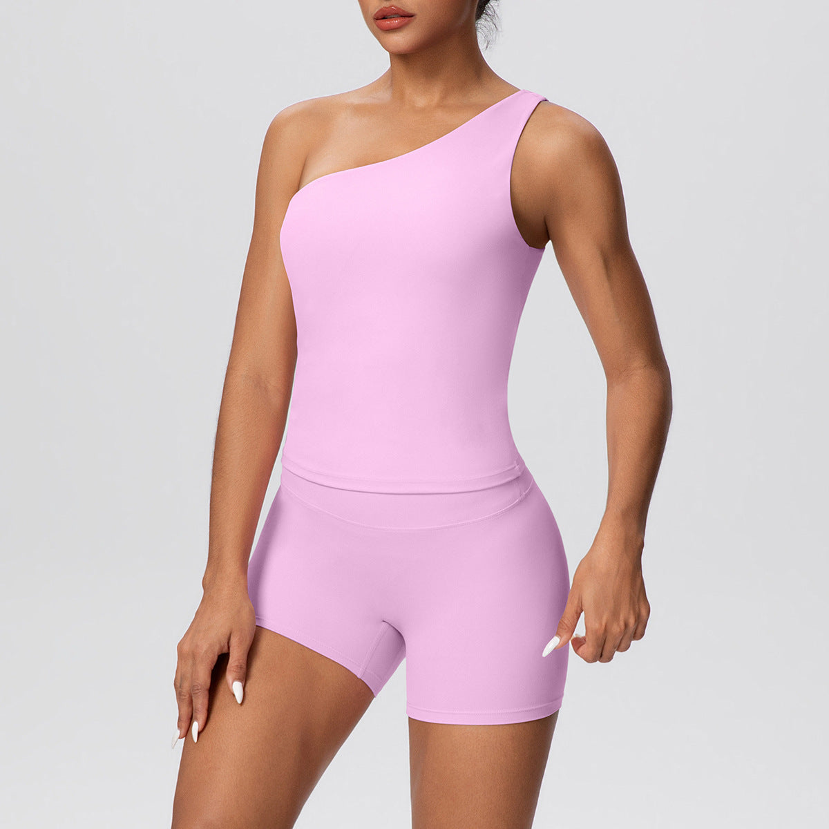 Women Solid Color Oblique Shoulder Strap Beauty Back Exercise Vest Yoga Pants Running Slim Shorts Fitness Yoga Wear Set by Ragazza