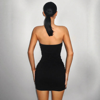 Women Sheath Dress Sexy off the Shoulder Hollow Out Cutout out Pleated Tube Top Sleeveless by Ragazza