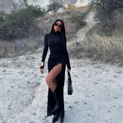 Autumn Stand Collar Long Sleeve Pleated Sexy Slit Hip Bag Dress Women by Ragazza