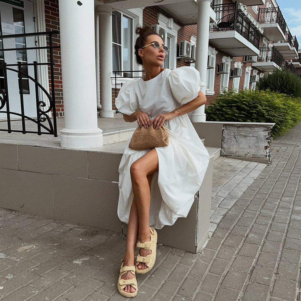 Cotton round Neck Puff Sleeve Dress Spring Summer Solid Color Loose Casual Dress for Women by Ragazza