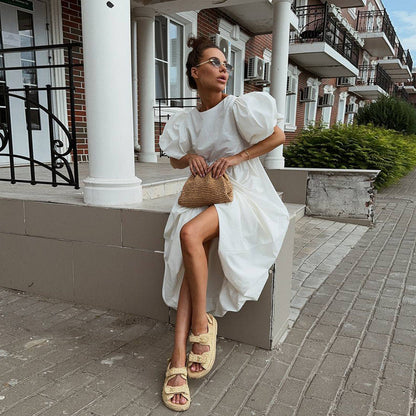 Cotton round Neck Puff Sleeve Dress Spring Summer Solid Color Loose Casual Dress for Women by Ragazza