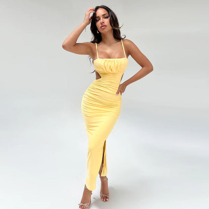 Women Cami Dress Sexy Backless Ruffle Hip Side Slit Maxi Dress by Ragazza