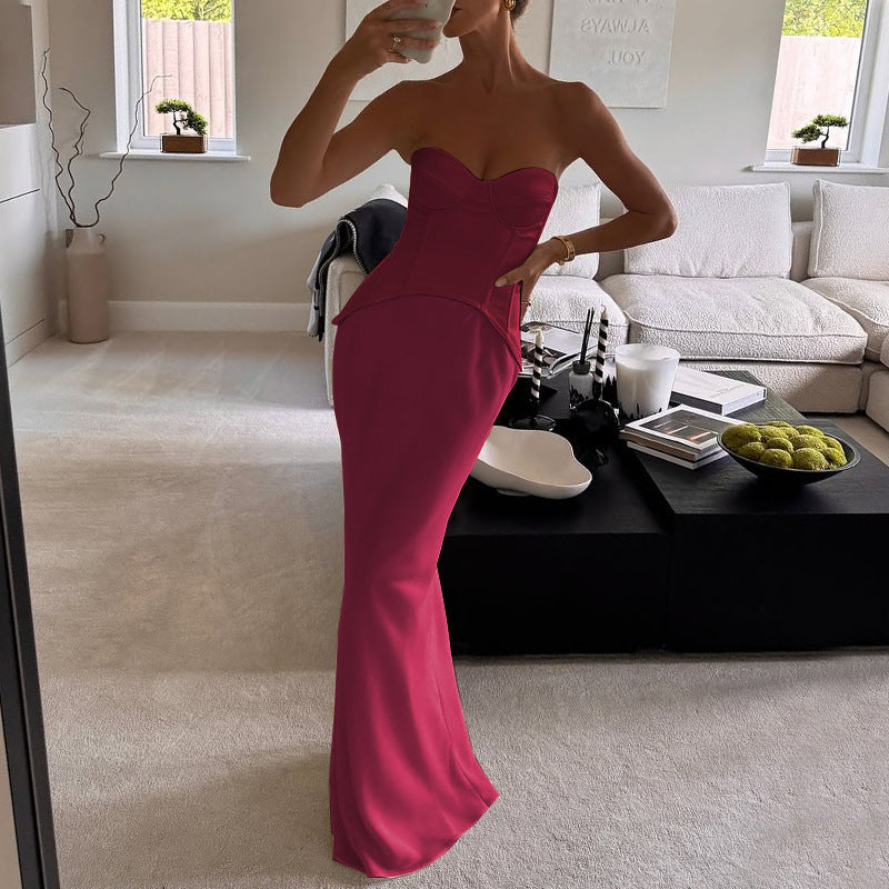 Autumn Winter Slim Deep V Plunge off the Shoulder Tube Top Boning Corset Evening Dress by Ragazza