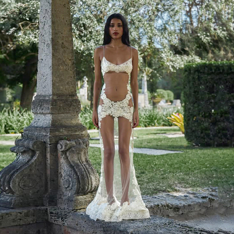 Summer Women Mesh Lace Lace Spaghetti Strap Dress See through Sexy Nightdress Vacation Maxi Dress by Ragazza