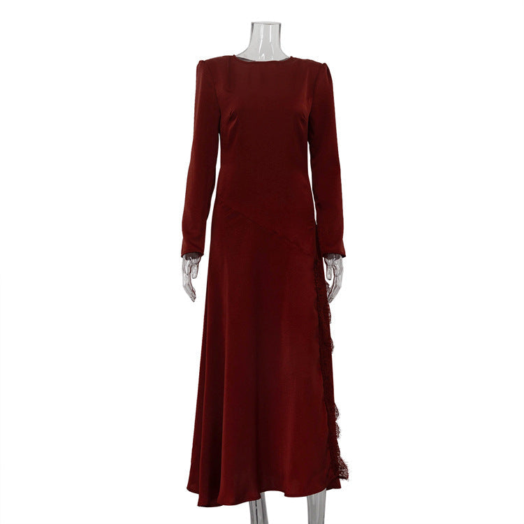French Elegant Dress for Women Stitching Lace Split round Neck Long Sleeve High Waist Dress by Ragazza