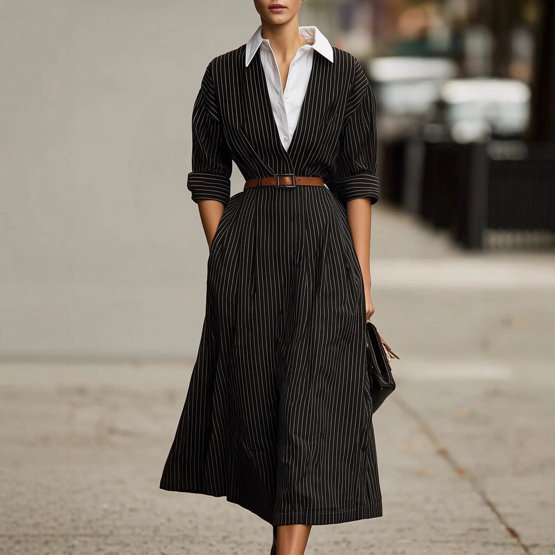 Fall Women Vintage Stripe Shirt Dress Loose Waist Contrast Color Blouse Collar Dress by Ragazza