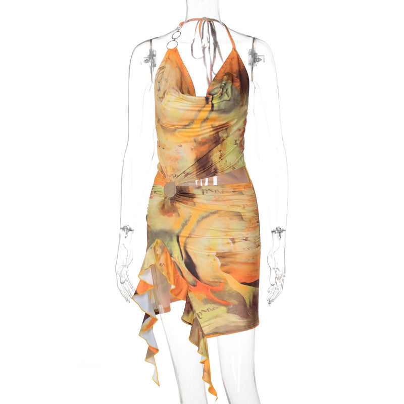 Women Clothing Summer Printing Sexy Backless Lace up Dress by Ragazza