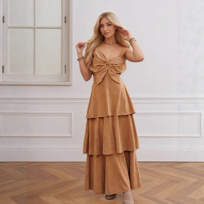 French Retro Suspenders Hollow Out Cutout out Waist Slimming Long Suede Dress by Ragazza