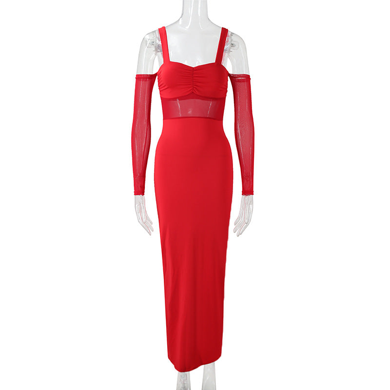 Women Clothing Sexy Spaghetti Straps Corset Slim Mesh Stitching Independent Sleeve Dress by Ragazza