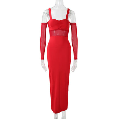 Women Clothing Sexy Spaghetti Straps Corset Slim Mesh Stitching Independent Sleeve Dress by Ragazza
