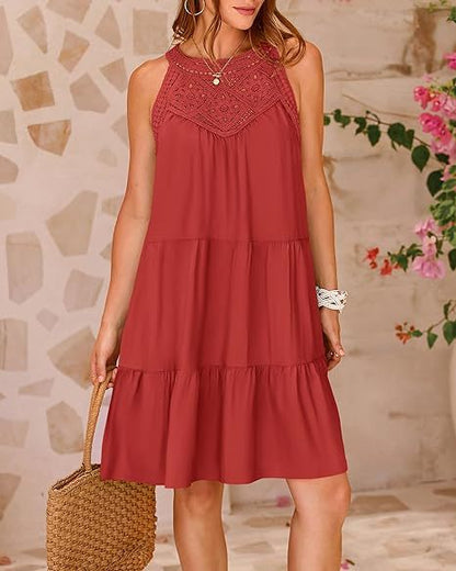Women Clothing Popular Hollow Out Cutout Lace Stitching Halter A line Dress by Ragazza