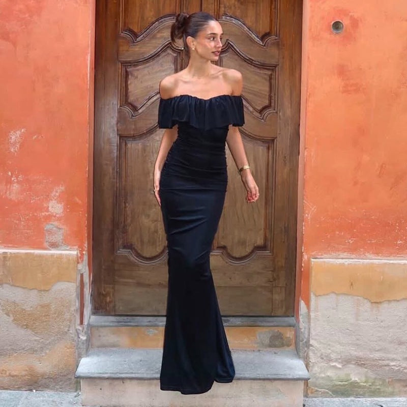 Women Clothing Summer Tube Top off Shoulder Fashionable Pleated Waist Slimming Dress  DestGlow