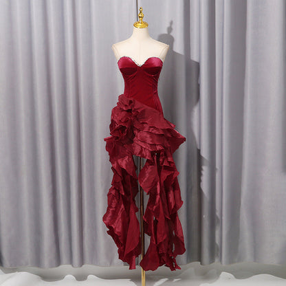 Wine Red Diamond Decorations Tube Top Ruffled Short Evening Dress Fall Women Clothing Irregular Asymmetric Socialite Dress by Ragazza