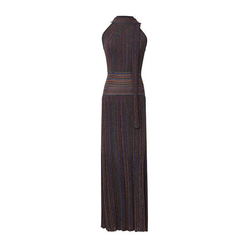 Artistic Retro Contrast Color Striped Dress Sleeveless Halter Collar Fitted High Waist Slimming Dress  DestGlow