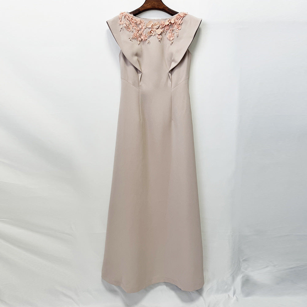 Three Dimensional Floral Decorative Beaded Slim Sleeveless Vest Type Dress Maxi Dress  DestGlow