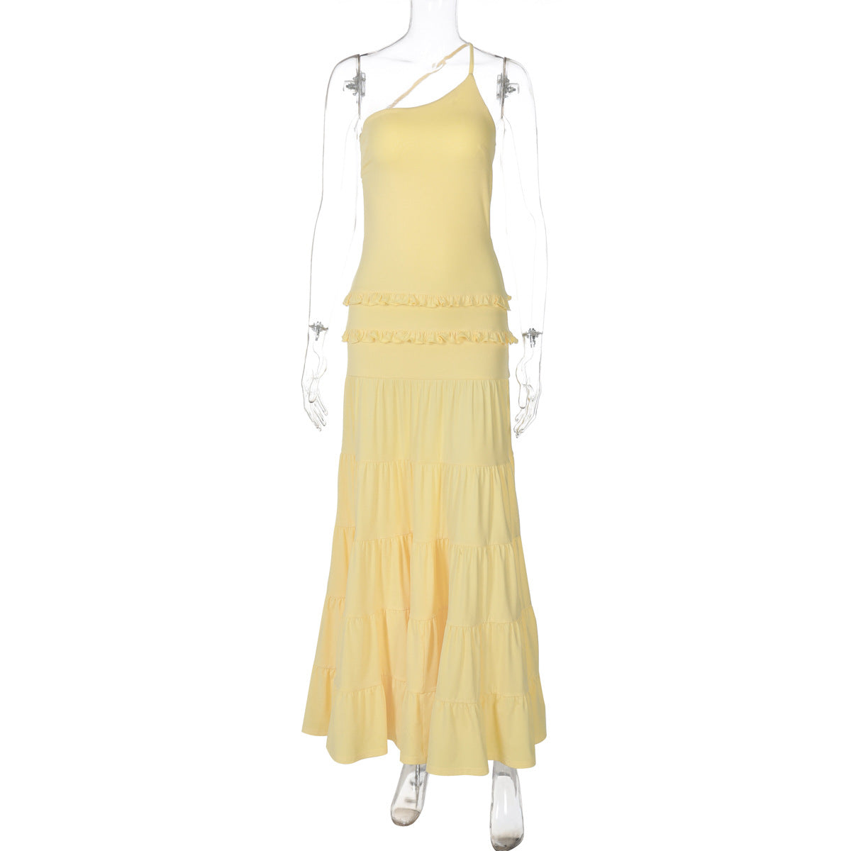 Sexy Hollow Out Cutout out Backless Stitching Tied One Shoulder Pleated Multi Layer Maxi Dress Women by Ragazza