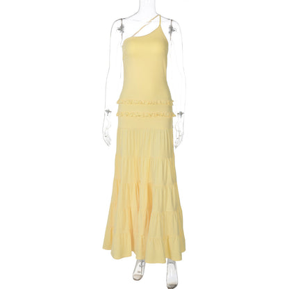 Sexy Hollow Out Cutout out Backless Stitching Tied One Shoulder Pleated Multi Layer Maxi Dress Women by Ragazza