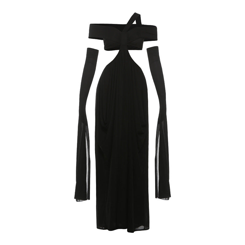 Autumn Winter Women Hanging Collar Solid Color Stitching Oversleeve Sexy Cutout Sexy Dress by Ragazza