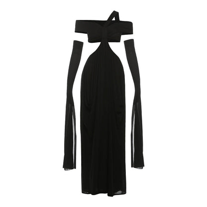 Autumn Winter Women Hanging Collar Solid Color Stitching Oversleeve Sexy Cutout Sexy Dress by Ragazza