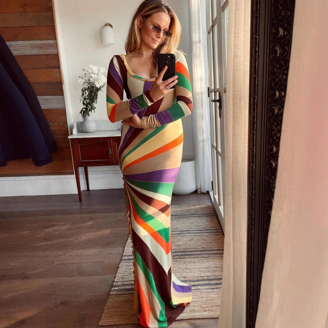 Women Clothing Sexy Rainbow Printing Fashionable Fitted Long Sleeve Hip Bag Maxi Dress Women by Ragazza