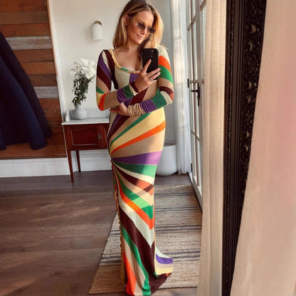 Women Clothing Sexy Rainbow Printing Fashionable Fitted Long Sleeve Hip Bag Maxi Dress Women by Ragazza