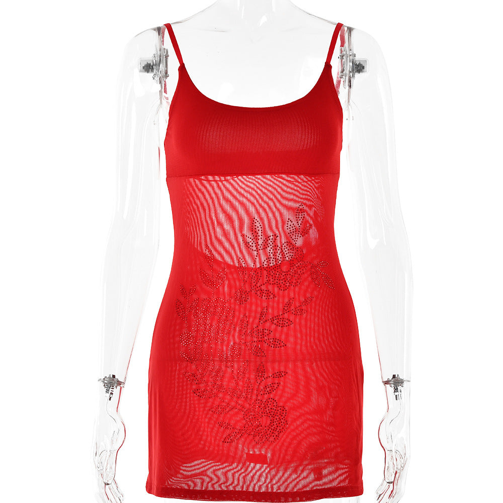 Rhinestone Sexy Suspenders Dress Backless Sleeveless Slim Fit Sexy Hip by Ragazza