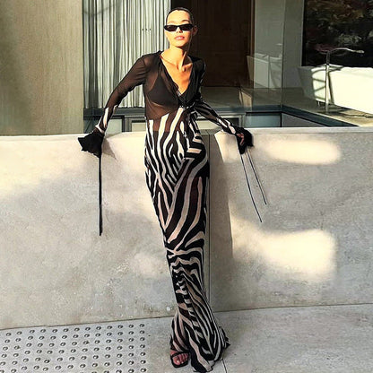 Summer Women Clothing Color Contrast Printed Sexy V neck Mesh Long Sleeve Dress by Ragazza